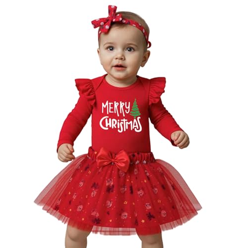 Generisch Navidad bebé niña trajes manga larga mameluco falda accesorios para el cabello conjunto para vacaciones vestido de fiesta infantil ropa de invierno, Rojo sandía, 12-18 meses