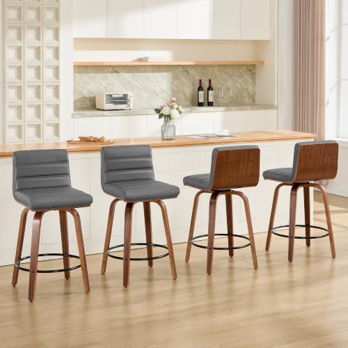 Image of Swivel Bar Stools Set of 5,26 inch Faux Leather Counter Height Barstools with Back,Mid Century Modern Upholstered Bar Chairs with Bentwood Legs Island Stools for Kitchen Counter Darkgrey