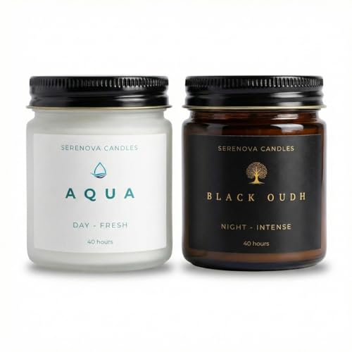 SERENOVA CANDLES NATURAL WAX Scented Soy Wax Candles, Set of 2, Aqua Day Fresh & Black Oudh Night, 170g Each, 40 Hours Burn Time, Multi Color, Round