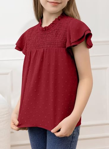 Image of DOKOTOO KIDS Girls Tops Short Sleeve Shirts Summer Blouse Size 6-15 Years | None Elastic Fabric, Ruffle Sleeve, Swiss Polka Dot, Smocked, Crew Neck, Key Hole Back, Dress Spring Outfit, Casual Tee