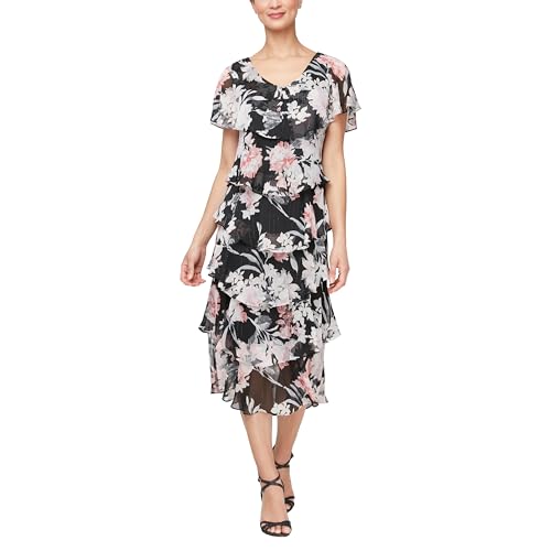 Image of S.L. Fashions Womens Tiered Midi Wedding Guest, Mother of The Bride Dress with Bead Embellishment (Petite and Regular Sizes)