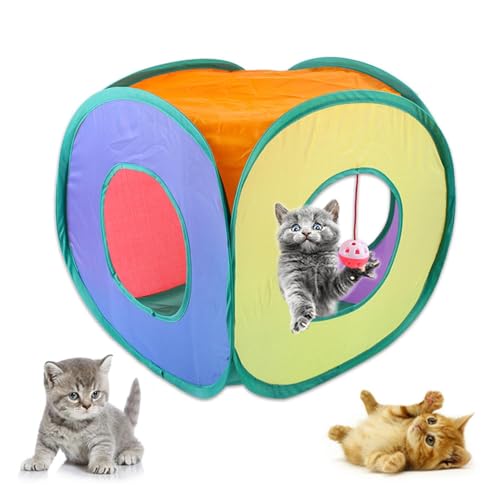 Katzentunnel, quadratisch, 40 x 40 x 40 cm, Regenbogen-Tunnel, Katze, Pop-Up-Zelt, Würfel, Polyestergewebe, faltbar, Katzenwürfel für Innen, Katzenhaus, Höhle für Katzen, Hunde, Spieltraining