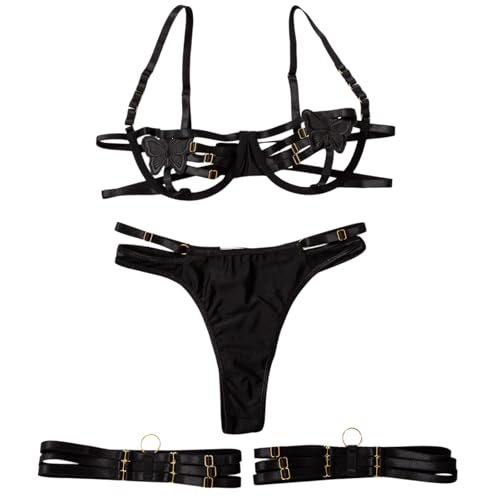 Lingerie sexy trois pièces noire ensemble femme avec bretelles dos nu