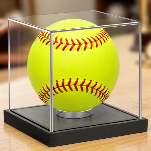 Image of Clear Acrylic Softball Display Case with Black Wood Base & Acrylic Holder, Memorabilia Stand Cube Holder, Dust Protection Transparent Storage Box for Single Ball Souvenir Softball Collections