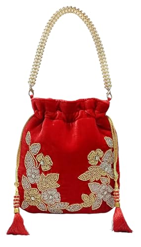 Image of Velvet Potli Bag with Golden & Silver Beaded Flower Embroidery - Handcrafted Ethnic Drawstring Bag for Weddings, Parties & Festive Gifts - Beaded Handle & Tassels for Women