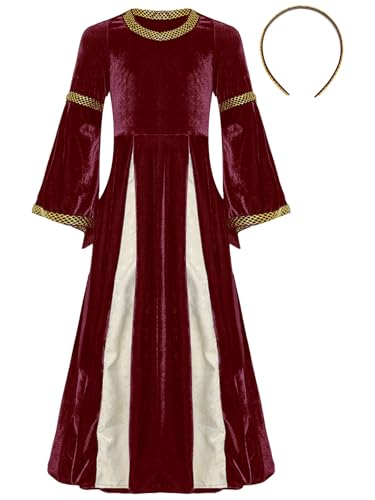 Kids Girls Renaissance Medieval Dress Vitorian Velvet Dress Steampunk Ball Gowns with Headpiece3