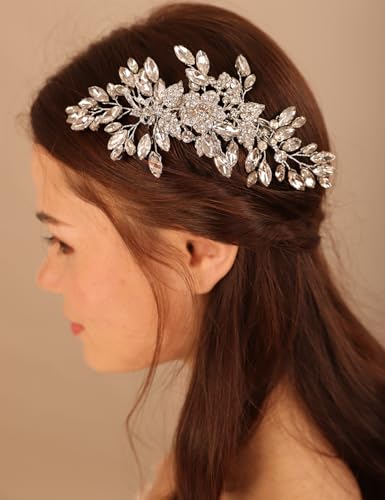 Xerling Bridal Wedding Silver Flower Leaf Crystal Rhinestones Hair Comb Flower Hair Accessories Wedding Headpieces Hair Jewelry Floral Hair Side Comb for Brides Women