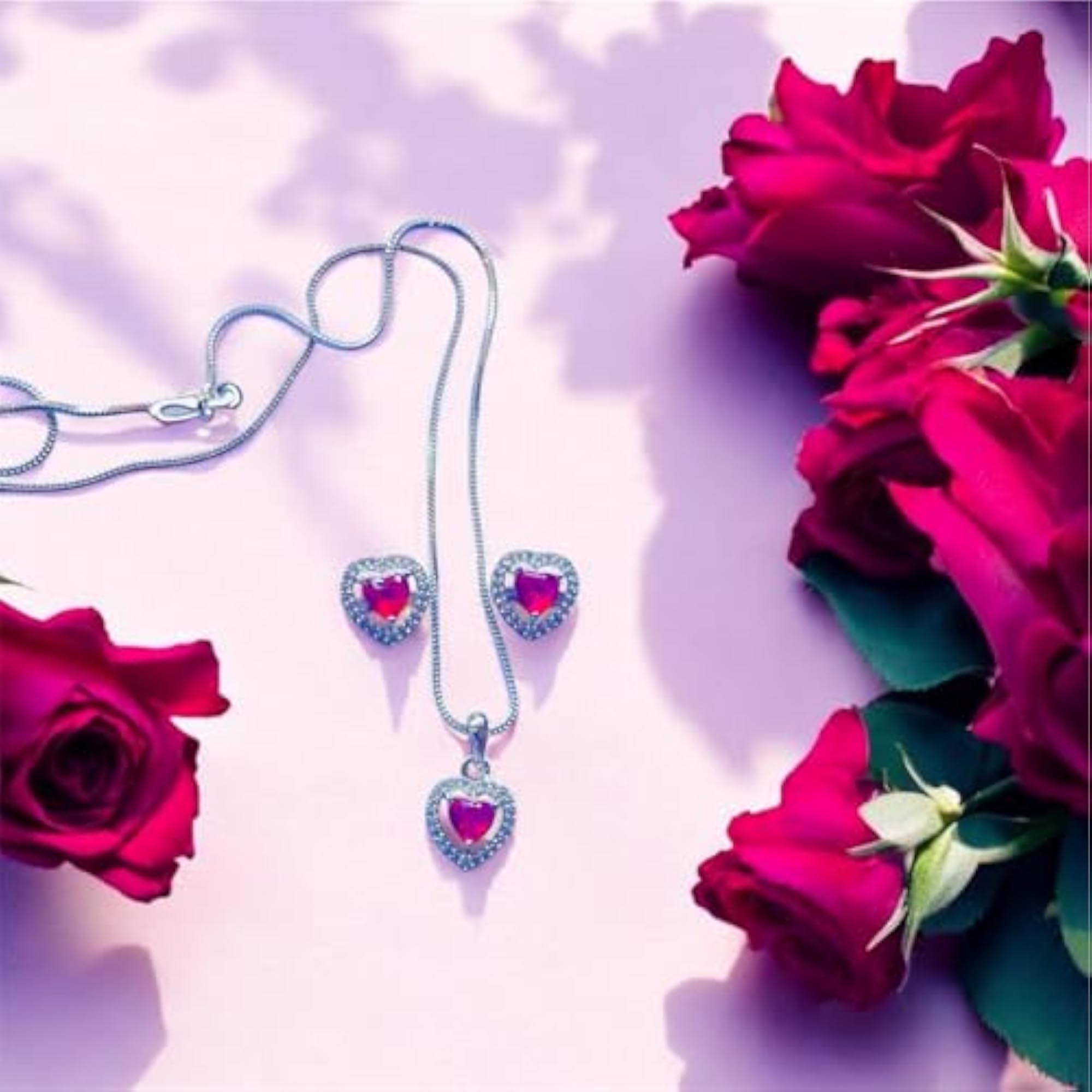 Heart-Shaped Ruby Red Dainty Pendant Set with CZ