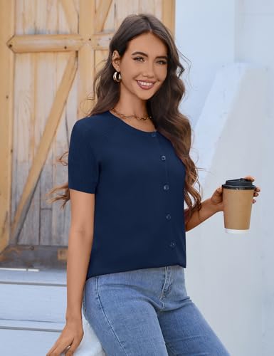 Image of FreshNight Women's 2025 Short Sleeve Cardigan Button Up Hollowed Out Crewneck Shrug Sweaters Knit Sweater Tops Lightweight