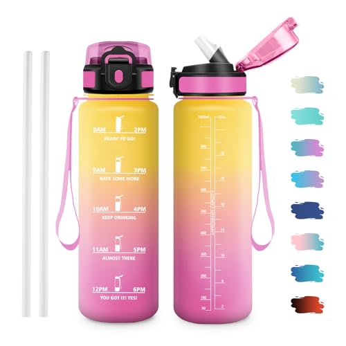 JAPORIA Gourde Sport 1L, Bouteille d'eau avec Paille, Bouteille sans BPA, Étanche, Gourds pour l'école, Bureau, Sport, Yoga, Fitness