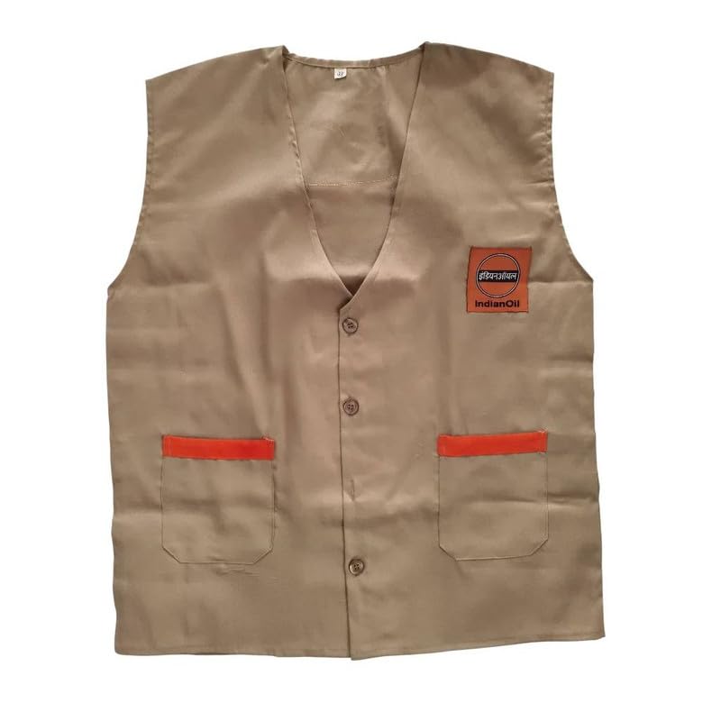 IOCL Indian Oil Petrol Pump Salesman Uniform Waistcoat | Khaki colour Sleeveless Workwear Utility Vest with Logo | Regular Fit Cotton Blend Staff Jacket for Men Women-picture-50