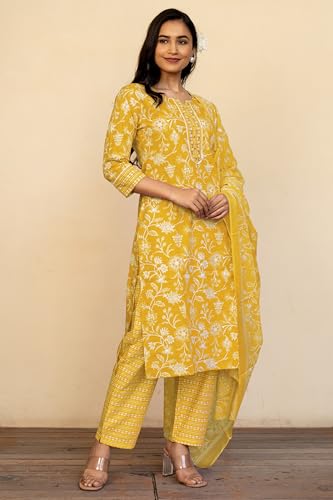 Image of MIRCHI FASHION Pure Cotton Floral Kurta Set for Women with Dupatta & Pant | 3 Piece Straight Fit Ethnic Outfit | Breathable Summer Salwar Suit