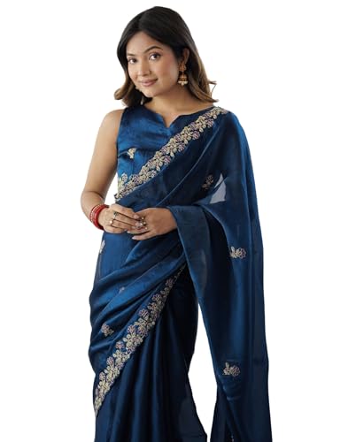 Image of SIRIL Women's Tissue Silk Sequence Embroidery Saree with Unstitched Blouse Piece