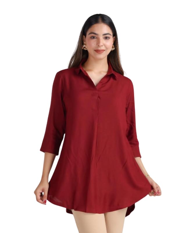Image of Mlada Rayon Flare Top for Women | 3 /4th Sleeve Regular Fit and Flare Top | Women Office Tops Tunic | Western Long Shirt Top for Women | Shirt Collar Top for Women | Rayon Tunic Tops for Women Western