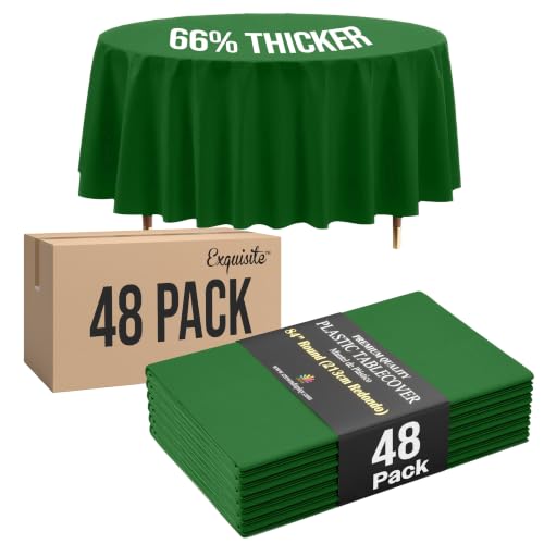Image of Exquisite Emerald Green Round Tablecloth 84 inch - 48 Pack | Plastic Tablecloth, Disposable Table Covers Round for Parties, Weddings, Holidays & Party Supplies