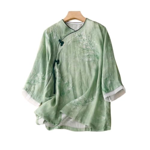 Summer Hanfu Cotton-Ramie Loose Blouse 3/4 Sleeve Chinese Clothes with Chinese Frog Button Tops A112