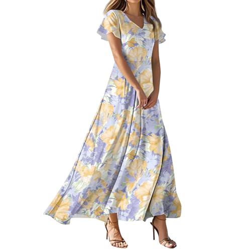 Summer Dresses for Women 2026 Flowy V Neck Floral Maxi Dress Trendy Ruffle Short Sleeve Long Dresses Elegant High Waiste Vacation Beach Dress Aesthetic Print Casual Sundress : Clothing, Shoes &