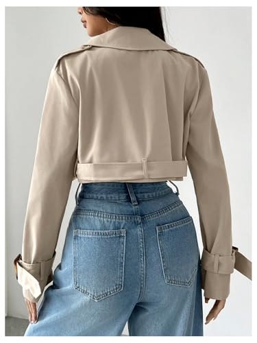 WDIRARA Women's Long Sleeve Cropped Trench Coat Lapel Collar Belted Jacket Lightweight Outerwear2