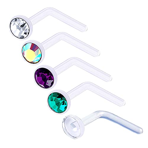 5Pcs 20g 0.8mm Nose Rings L Shaped Bioflex Clear Flexible Nostril Piercing Jewelry 2.5mm Crystal - CL AB AM BZ