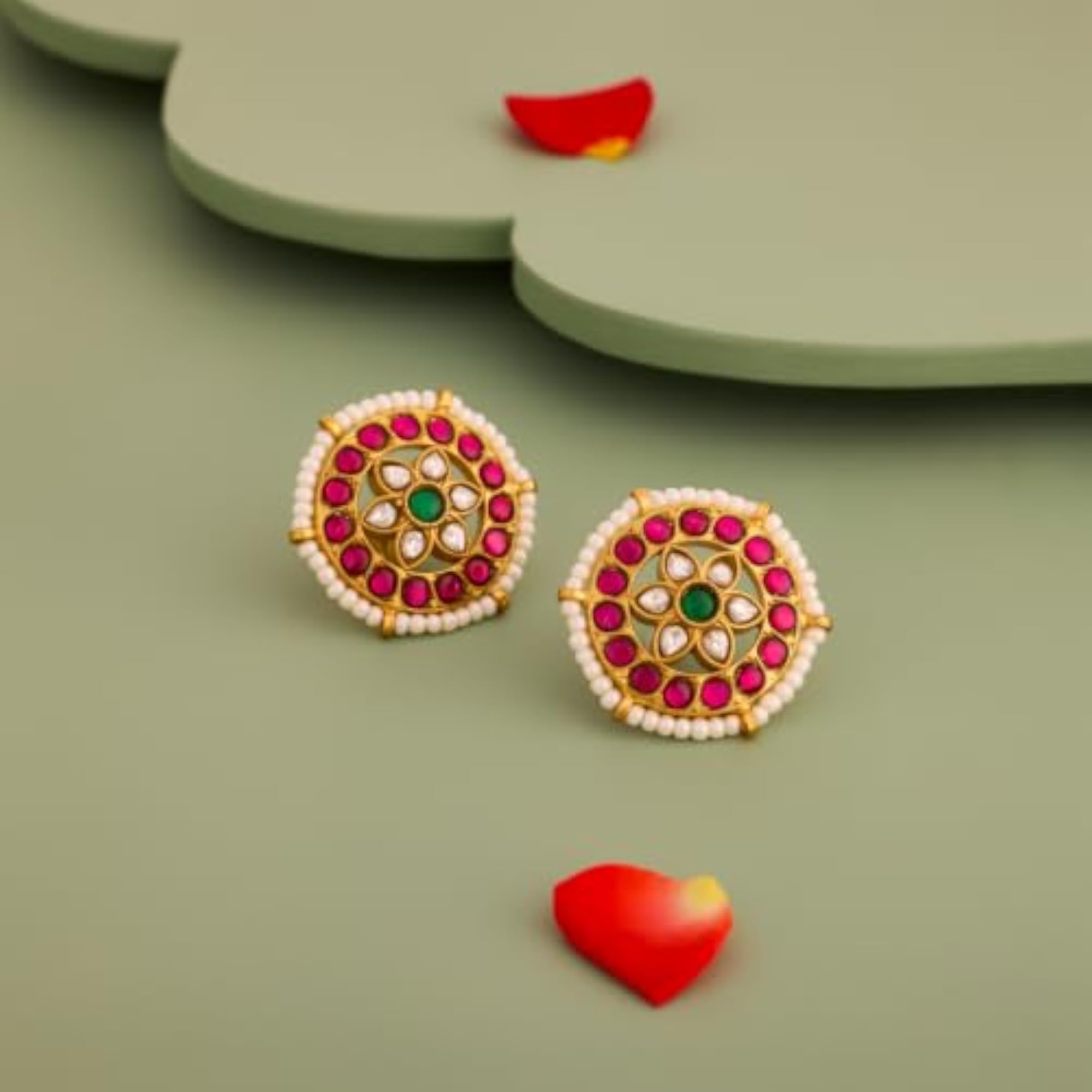 Women's Ruby-Green Gold Plated Temple Stud Earrings, Festive & Bridal