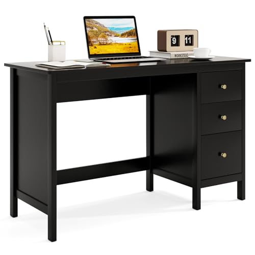 Tangkula Black Desk with Drawers, Modern Home Office Computer Desk with Storage Drawers & Spacious Desktop, Compact Writing Study Desk Laptop Desk for Bedroom, Multipurpose Computer Workstation