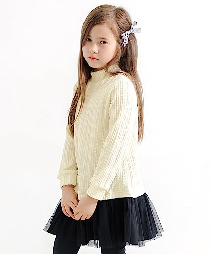 [Bee] ビー ドッキングワンピ ガールズ 女の子 キッズ 長袖 ポケット ニット チュールス ドッキング 長袖ワンピース リボン 切り替え 異素材 ワンピース 春 秋 冬 140cm アイボリー