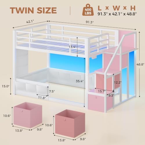 MSmask Low Bunk Bed Twin Over Twin with Storage Stairs & Dual Level Guardrails, LED Floor Bunk Bed with Drawers, Charging Station, Kids Bunk Beds, Space Saving, White & Pink - 1