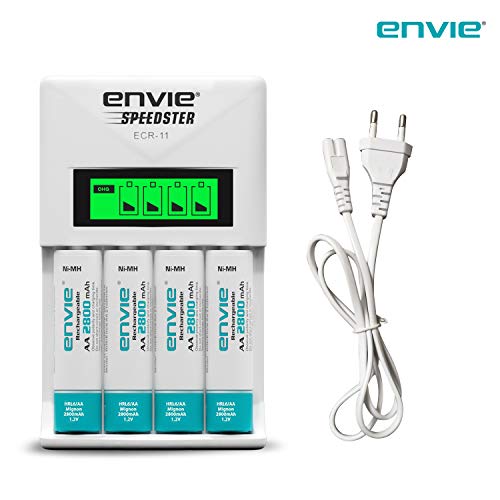 Image of ENVIE (ECR11+AA2800 4PL) Speedster Rechargeable Batteries Charger && Infinite Plus AA High Capacity (2800mAh) Ni-MH Rechargeable Ready to Use Battery Pack of 4