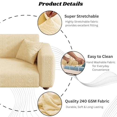 Image of Lukzer 4 Seater Pastel Yellow Tribal Pattern Sofa Cover | 240 GSM Universal Stretch Fit Jacquard Fabric Couch Protector | Fully Covered Anti Slip & Washable Sofa Cover (230-300cm /SC-075-04)