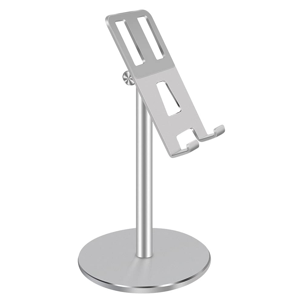 Universal Mobile Phone Holder Stand, Adjustable Desktop Phone Stand with Base, Height Angle Adjustable Aluminum Alloy Bracket for Office Desk, Compatible with All Smartphones (Silver)