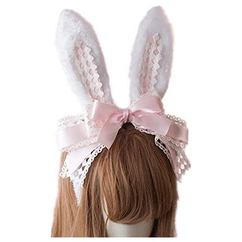 LittleLuluda Easter Party Hair Accessory Headband Gothic Lolita Cosplay Cute Rabbit Bunny Ears Bow Lace Hair Band Headwear (Pink) Cover