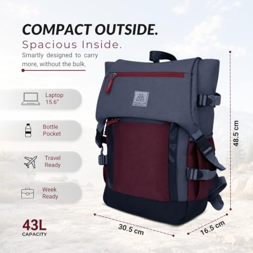 Image of Voyage 43L Travel Bag for Men & Women, Maroon | Water-Resistant & Weekend Backpack, Rain Cover, Padded 15.6 Inch Laptop Sleeve, Hidden Pocket, Bottle Holders