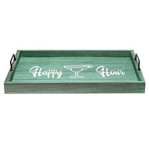 Elegant Designs HG2000-AHH Margarita Drinks Lime Bar Kitchen Wetbar Decorative Wood Serving Tray w/Handles, 15.50” x 12”, Aqua Wash Happy Hour - Thumbnail 2