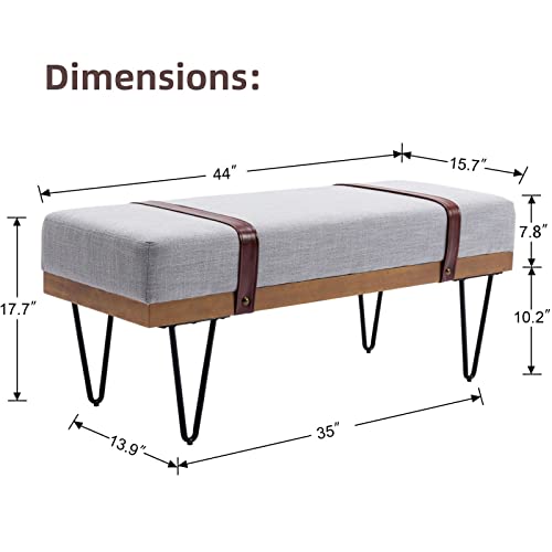 Lukealon Comfy Linen Long Entryway Bench, Padded Bedroom Bed End Bench Modern Ottoman Bench With Two Straps And Metal Hairpin Legs Industrial Dining Table Bench For Living Room, Grey #TOP2