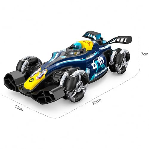 Image of VGRASSP 4WD Dual Control F1 RiseX Drift Stunt Mist Car Toy for Kids with Lights, Music - Rechargeable 360 Rotating RC Smoke Car with 2.4GHz Remote Control and Gesture Wrist Controller - Blue
