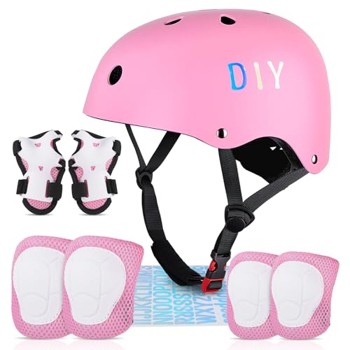 FIODAY Kids Bike Helmet Knee Pads for Kids Adjustable Protective Gear with Knee and Elbow Pads Wrist Guards Toddler Helmet for Boys Girls Skateboard Inline Skating Scooter, 3-5-8-13 Years