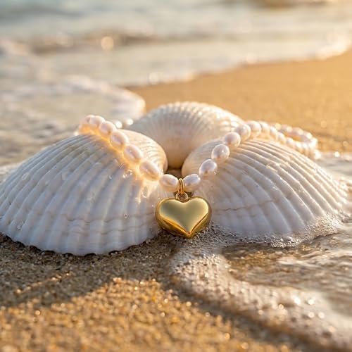 Image of Jeulia Vintage Oval Rice Pearl Choker Necklace for Women, 14K Gold Plated Andy Style Enamel Heart Pendant Dainty Beaded Pearl Jewelry Gifts for Birthday Anniversary Daily Party Wear
