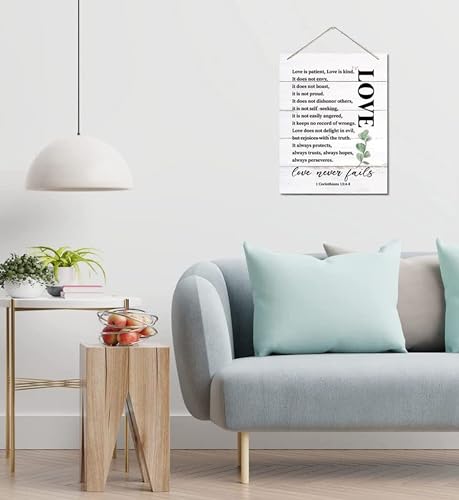 Image of ANGEL INFINITE Love Never Fails Wooden Wall Hanging Decor | 1 Corinthians 13:4-8 Bible Verse Sign | Rustic White MDF Plaque for Living Room, Bedroom & Home Entrance (25x20 cm)