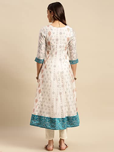 Image of rangita Off White Chanderi Calf Length Printed Flared Kurti for Women | Kurta for Women