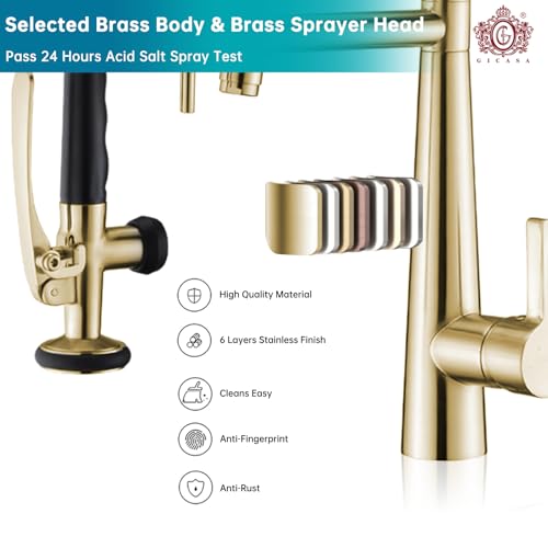Image of Kitchen Faucet, Solid Brass Black + Brushed Gold Kitchen Faucet, Heavy Duty Spring Pre-Rinse Single Handle Kitchen Faucets with Pull Down Sprayer and Pot Filler, Commercial Style Sink Faucet