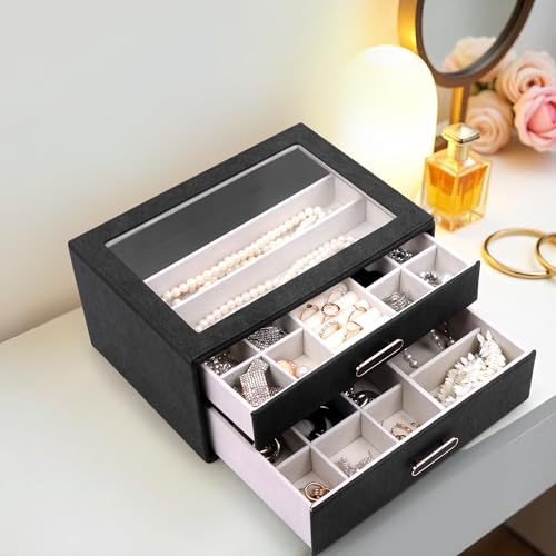 Image of BucketList Premium PU Leather Jewellery Organizer Box with Glass Lid | 2 Pull-Out Drawers Multi-Compartment Storage for Rings, Earrings, Necklaces & Bracelets (2-Layer Jewelry Box (Black))