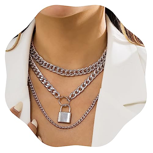 Jumwrit Chunky Chain Necklace Punk Layered Choker Necklaces Cuban Link Chain Necklace with Lock Pendant Necklace Statement Necklace for Women and Girls