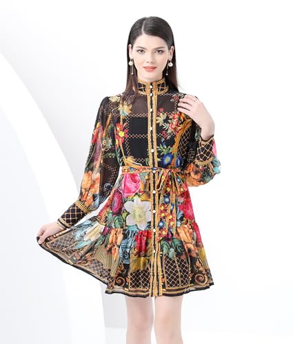 Image of LAI MENG FIVE CATS Women's Floral Print Lantern Sleeve Ruffle Casual Button Belted Thin Loose Fit Mini Dress