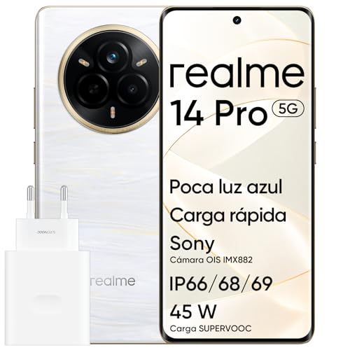 realme 14 Pro 5G Teléfono Móvil 12+512GB, Pantalla Curvada 6,77' 120Hz, Cámara 50MP Sony IMX882 OIS, Chip Dimensity 7300, Resistencia al Agua IP69, Batería 5260mAh, con Adaptador, Color Blanco