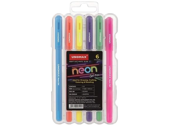 Unomax Neon Gel Pen Set| 6 Bright Colors| Ideal For Drawing, Crafting ...