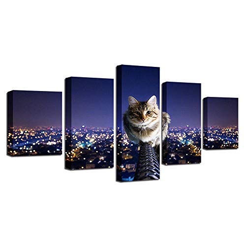 Toile 5 pièces chat sur le clocher pour décoration bureau zen