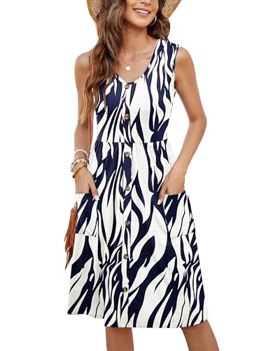 MOLERANI Summer Dresses for Women UK Ladies Casual V Neck Beach Dress Swing Button Midi Sundress Dress with Pockets Leaf Navy White M