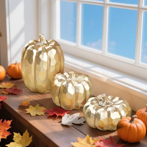 Image of winemana 3 Pack Gold Pumpkins Fall Decorations for Home | Resin, Thanksgiving Decor, Artificial Decorative Pumpkin, For Office Table Mantel Indoor Fireplace Autumn