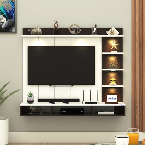 Image of Anikaa Tyron Engineered Wood Wall-Mount TV Unit with PVC Back Panel & LED Lights | TV Cabinet with Storage Box & Decorative Shelves (Wenge /White) | Ideal for TVs up to 55 Inch | DIY Installation