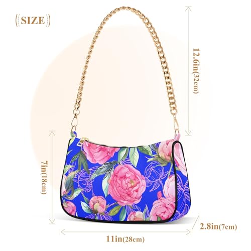 Zipper Ladies Shoulder Bag Floral Pink Peony Flowers Leaves Blue Tote Handbag Designer Womens Hobo Evening Purse with Chain Strap3